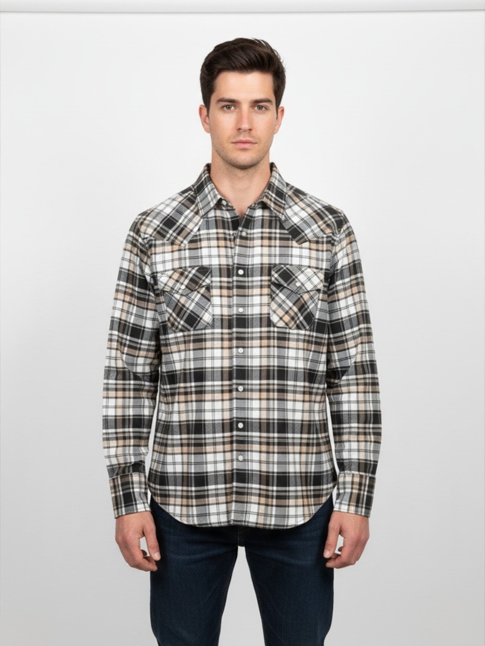 Ely Cattleman Black, White & Tan Plaid Western Button-Down Shirt